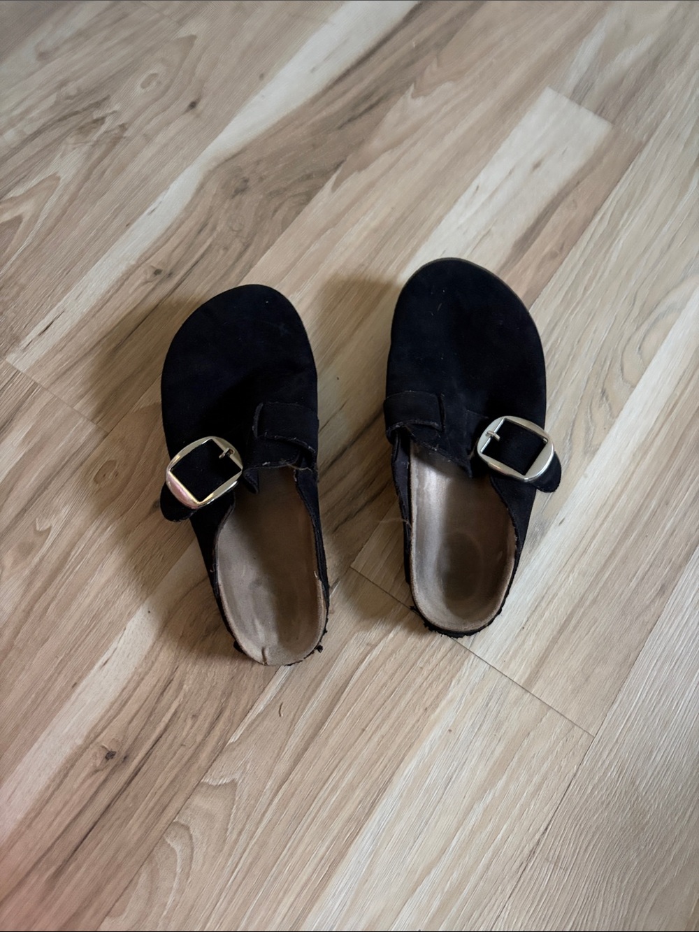 Women’s Black Suede Slip-On Mules with Buckle